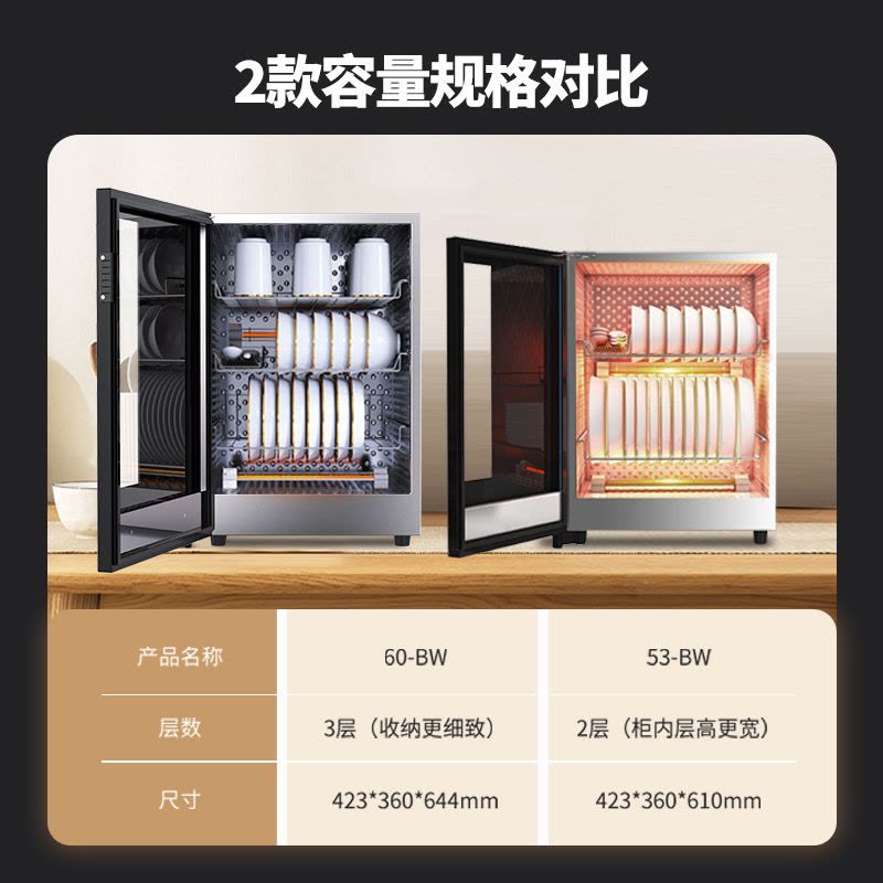 [政府补贴]康宝(Canbo)消毒柜家用台式小型 中高温立式餐具碗碟筷子烘干保洁消毒碗柜 茶杯厨房碗柜XDR60-BW图片
