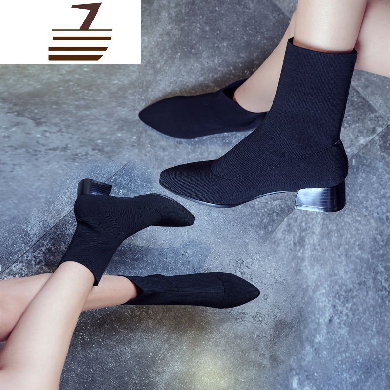 尗卡新款单靴黑色针织毛线粗跟中跟短靴女尖头弹力袜靴马丁靴女士靴子