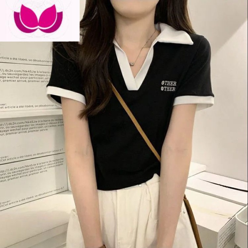 七斓甜美夏季小清新正肩polo领设计感小众短袖T恤女ins修身短款上衣潮