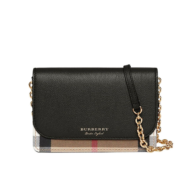 BURBERRY博柏利 女士格纹拼皮单肩斜挎包 织物\牛皮革