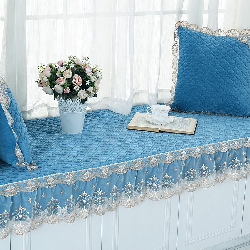 汐岩窗台垫北欧飘窗垫四季卧室飘窗榻榻米垫可机洗公主房阳台垫子定做 昔云-深蓝色(80宽+15裙摆)*160cm长