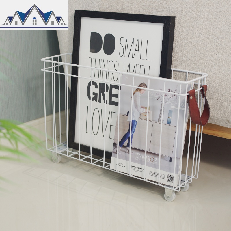 铁艺杂志卷纸收纳篮夹缝置物架落地缝隙收纳筐手拉篮带轮子 三维工匠 带轮子白色