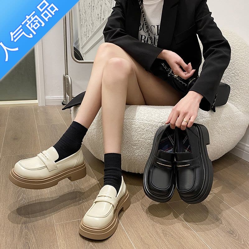 SUNTEK复古百搭圆头厚底小皮鞋女2023新款春秋英伦风白色乐福鞋图片