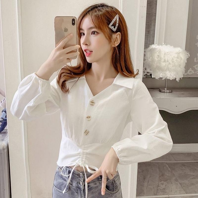 2021秋季新款韩版收腰显瘦短款上衣气质v领抽绳长袖衬衫女潮白色s(75