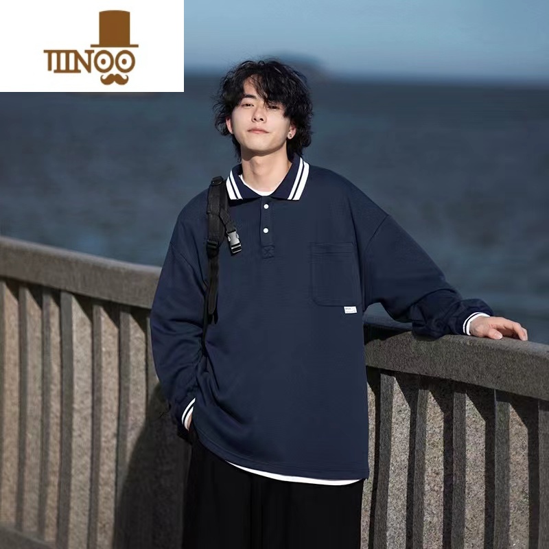 YANXU日系cityboy藏青色卫衣男女ins潮牌polo衫长袖美式复古外套高清大图
