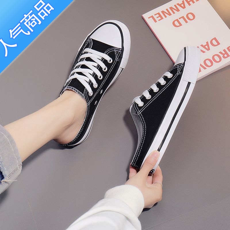 SUNTEK半拖帆布鞋女学生韩版2023新款一脚蹬懒人鞋潮布鞋无后跟单鞋高清大图