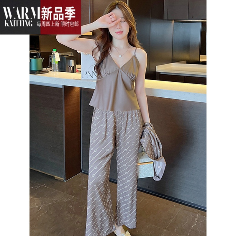 SHANCHAO睡衣女2023年新款网红高级感长袖吊带睡袍家居服三件套装