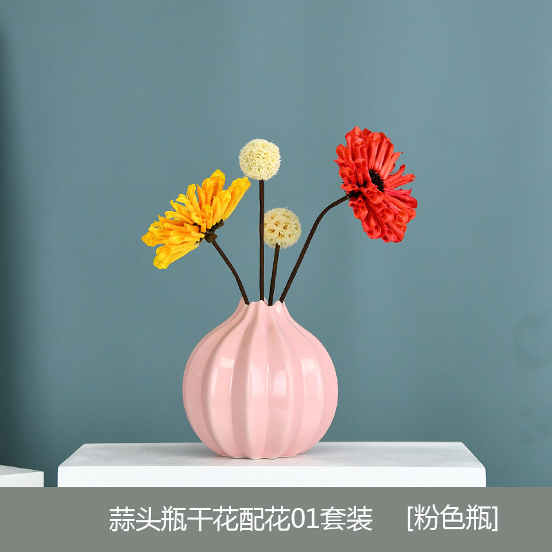 创意陶瓷小花瓶ins风北欧清新干花装饰品摆件客厅茶几餐桌花摆设 三维工匠 01干花配花+蒜头瓶粉色