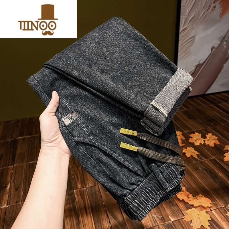 YANXU新款松紧腰带长牛仔裤男宽松弹力小脚柔软抽绳百搭休闲哈伦裤