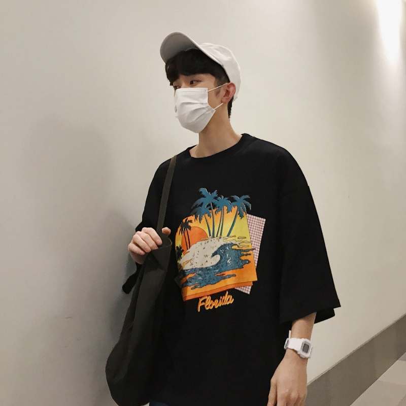 夏季原宿风七分袖男生短袖T恤男韩版潮学生个性青年宽松bf中袖7分