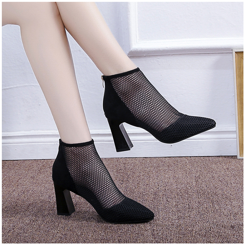 林先森尖头女士网靴中跟短靴春秋性感凉靴女粗跟高跟鞋时尚镂空单鞋单