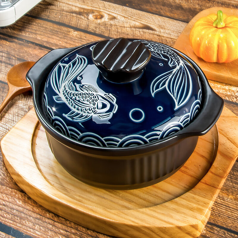 康舒砂锅煲家用燃气耐高温陶瓷锅大容量炖煲汤煲石锅年年有鱼蓝盖款2.