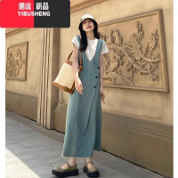 YIBUSHENG装茶系穿搭一整套女装大码胖mm韩系牛仔背带连衣裙洋气减龄套背 L建议体重101-120斤 短袖上衣