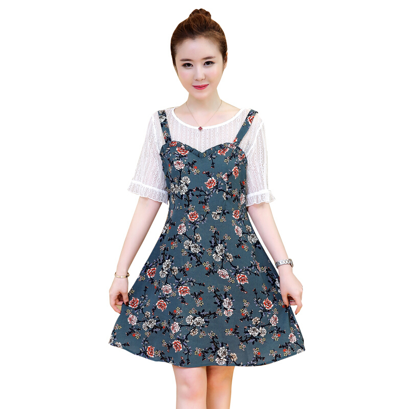 胖mm大码女装夏装2018新款洋气碎花雪纺裙子200斤蕾丝遮肚连衣裙图片