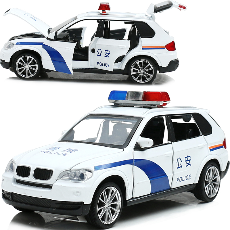 车特警声光回力开男孩 白色宝马六开门警车 送电池 螺丝刀 路标 人偶