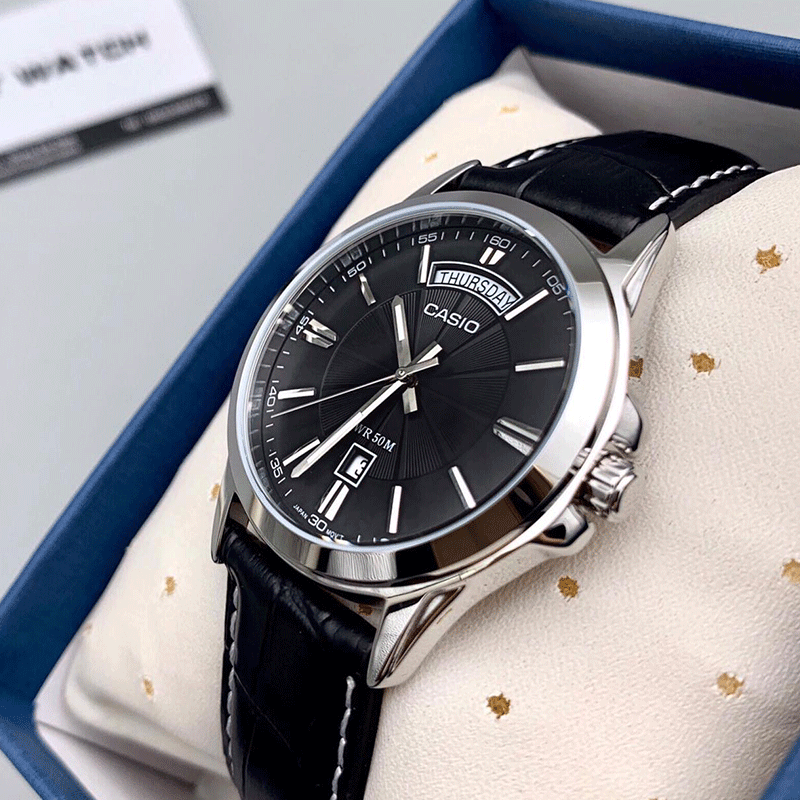 卡西欧casio男表黑色皮革表带日本石英机芯50防水时尚休闲男士手表