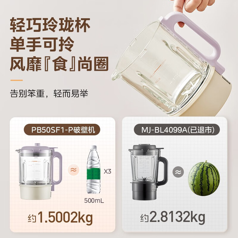 美的(Midea)破壁机家用 多功能细腻搅打豆浆机免洗辅食机榨汁机料理机 分体式杯体设计 [安睡系列]PB50SF1-P