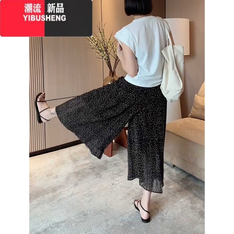 YIBUSHENG大码季宽松高腰阔腿休闲裤女微胖mm显瘦松紧腰气质波点雪纺裙裤高清大图