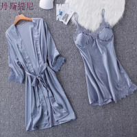 结婚性感睡衣女夏季带睡裙两件套带胸垫丝绸酒红家居服春秋夏天
