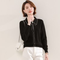 恒源祥翻领香风针织衫女秋冬新款复古减龄娃娃领纯羊毛衫套头毛衣 160/S 黑色