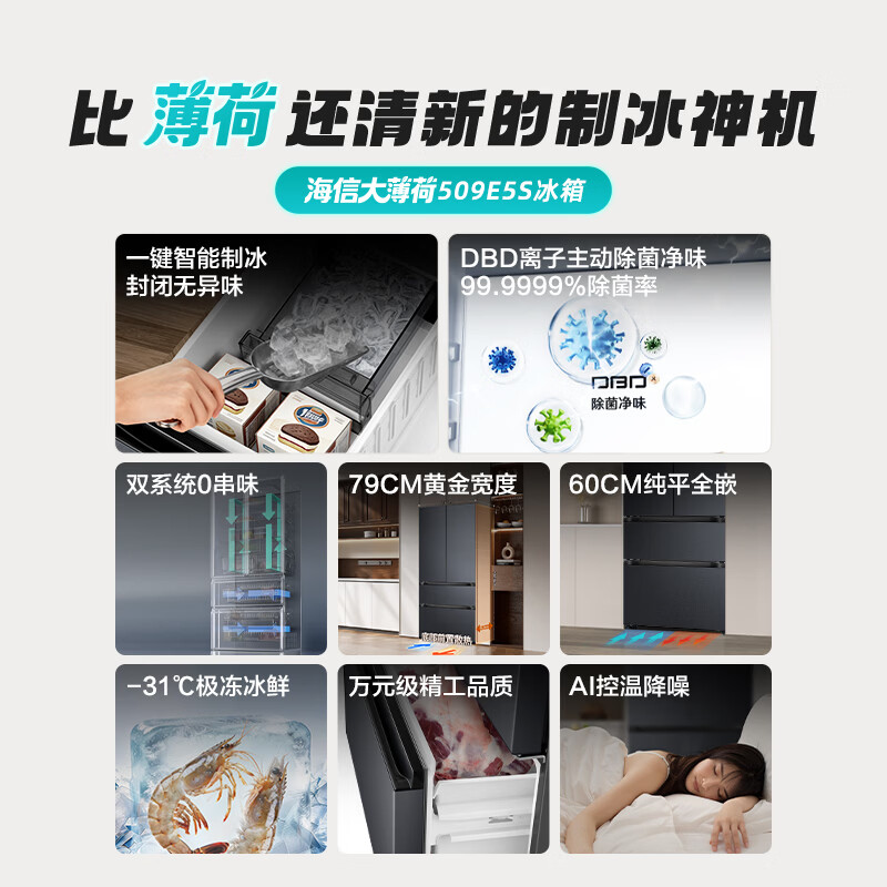 海信大薄荷2.0 509L法式多门冰箱双系统自动制冰超薄超窄零嵌入大容量净味BCD-509E5SFZSD灰高清大图
