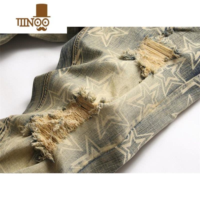 YANXU新款复古印花牛仔裤男弹力修身直筒欧美个性怀旧破洞休闲长裤图片