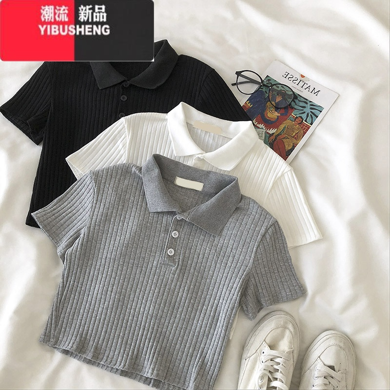 YIBUSHENGins火polo领短袖t恤女天高腰短款修身显瘦半袖上衣坑条打底衫