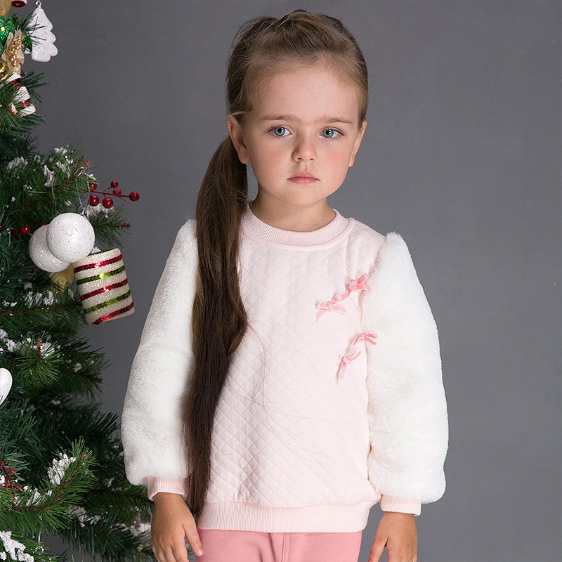 婴姿坊正品童装女童圆领长袖T恤宝宝毛毛袖打底衫秋冬款新品上衣