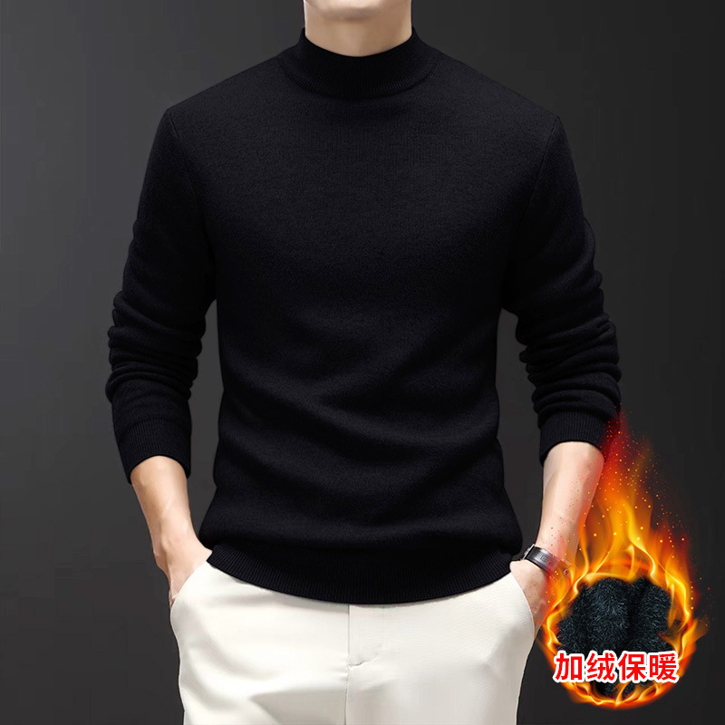 羊毛衫男士一体绒2024秋冬季新款半高领加绒轻奢毛衣男 黑色 XXL