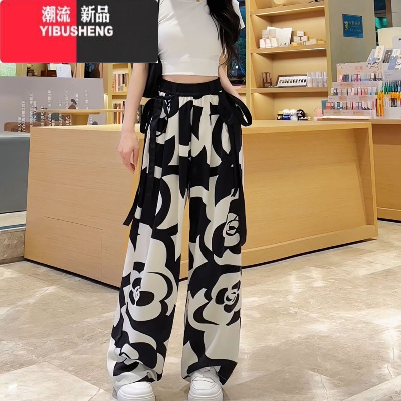 YIBUSHENG季新款大码休闲裤女质感黑白印花飘带薄款冰丝雪纺高腰阔腿裤腿 XXL推荐130-145斤 黑白花