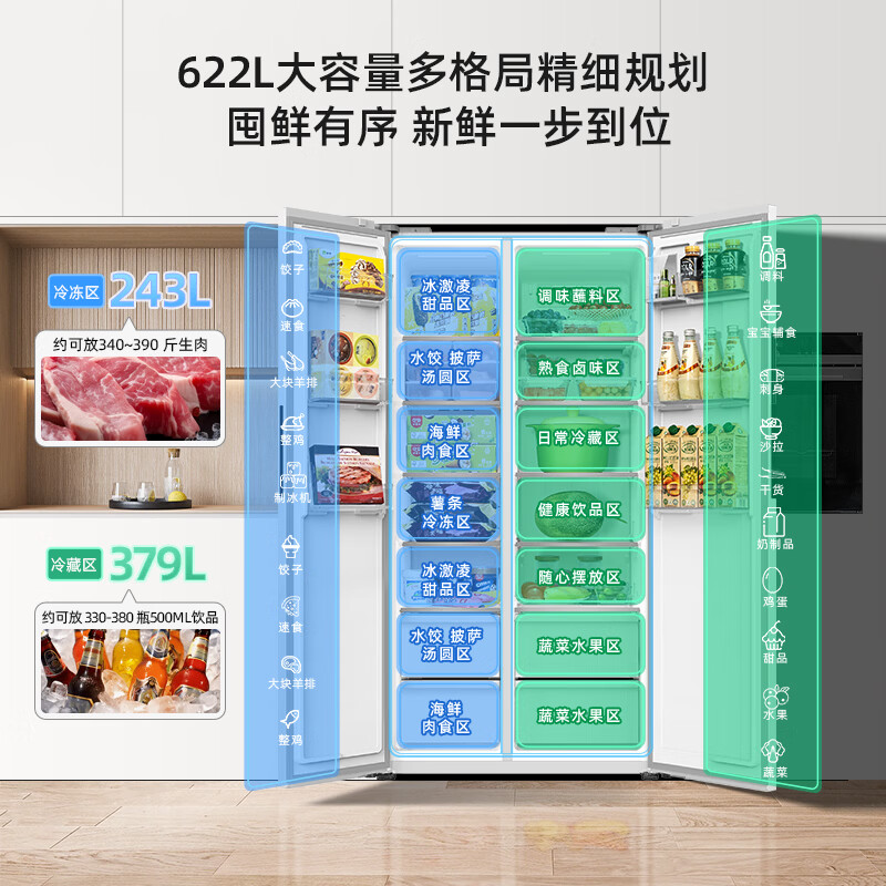 美菱冰箱无忧嵌622升 对开门双开门超薄零嵌入 新一级能效 风冷无霜冰箱 BCD-622WKPUCZXG1高清大图