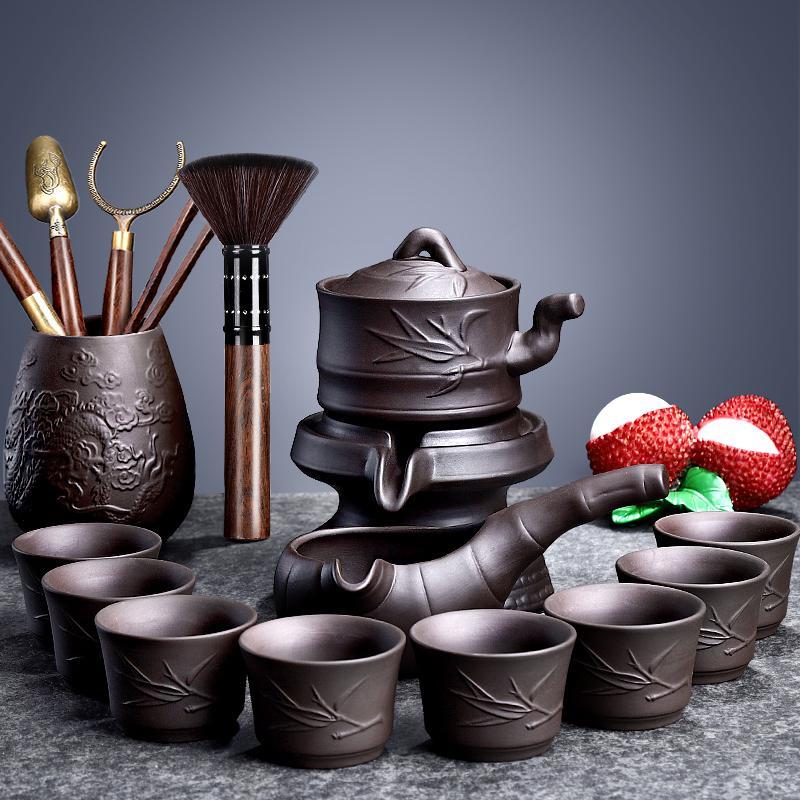 corated紫砂茶具套装家用简约半全自动石磨懒人功夫茶杯茶叶罐泡茶壶