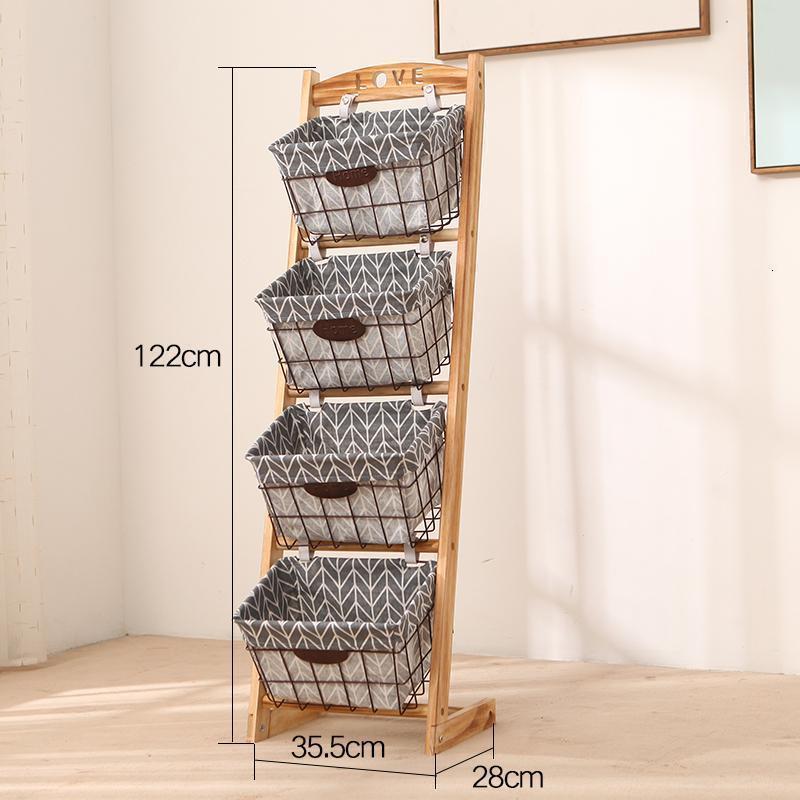 森美人创意实木书报架客厅杂物架田园布艺收纳架落地置物架家用玩具储物 四层单排-灰蓝筐-轻烧杆