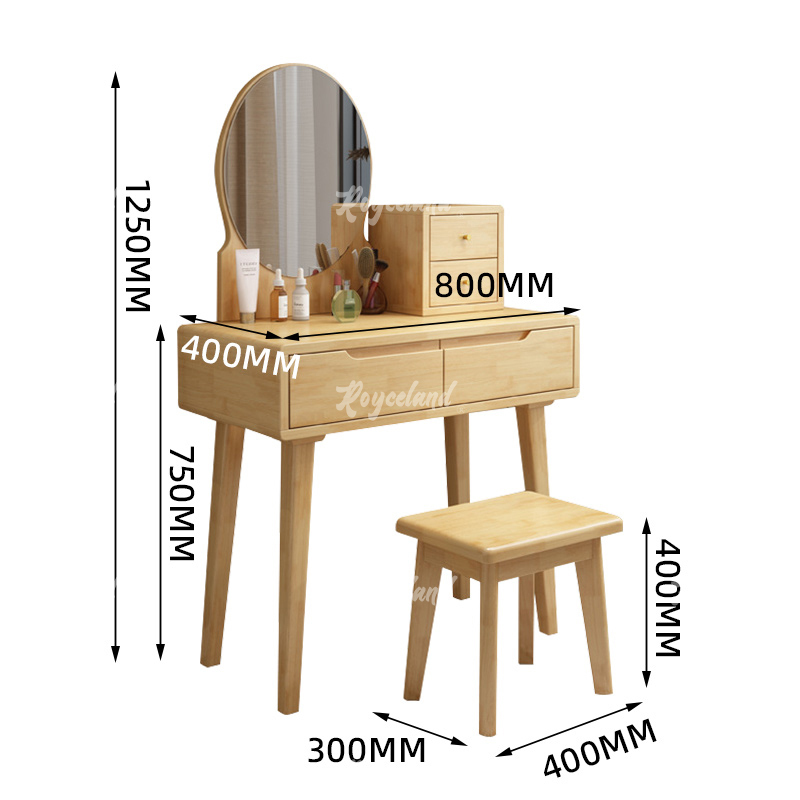 洛诗莲 (RoyceLand) 简约实木梳妆台80cm小型化妆桌原木色含凳子