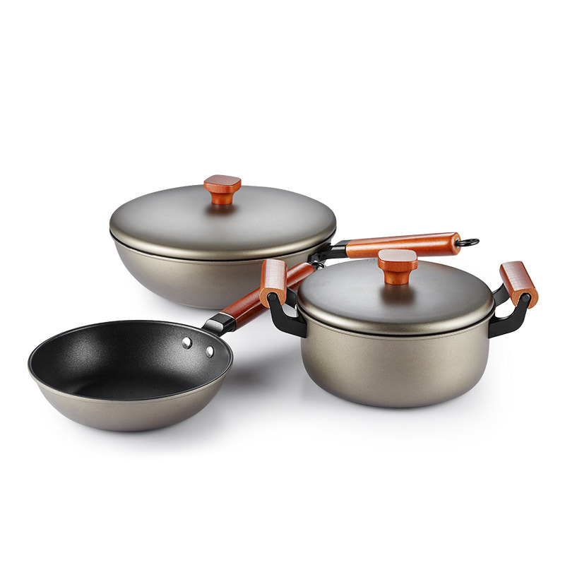 德铂(debo)柏林印象 炒锅套装锅三件套无涂层不粘锅家用无油烟套锅锅