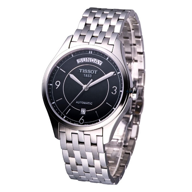 天梭tissot唯意系列黑盘钢带日历商务机械男士表t0384301105700