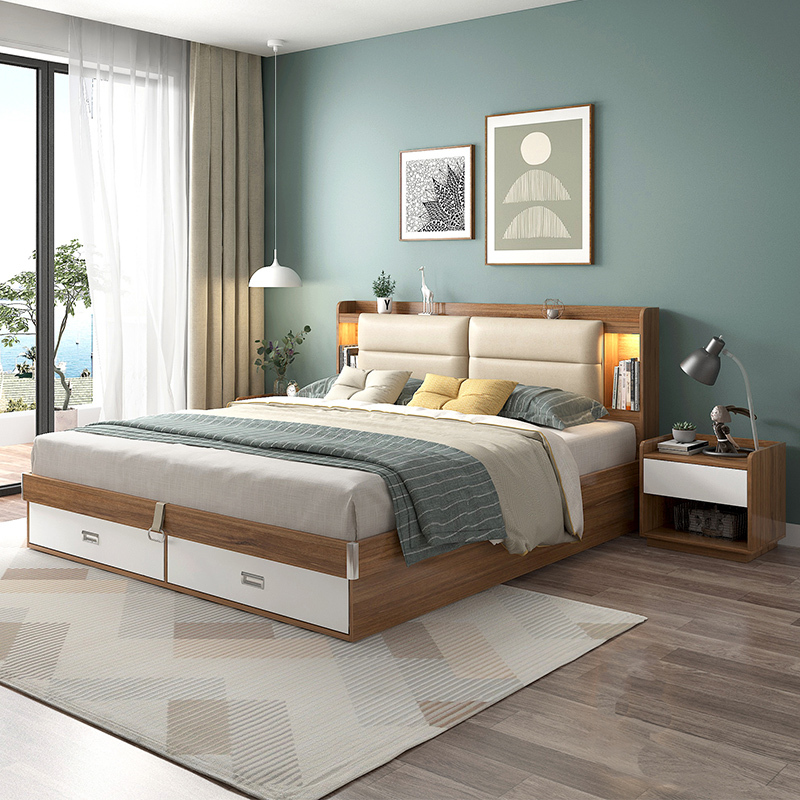 双人床现代简约小户型带灯抽屉式收纳储物箱体床榻榻米落地板式床