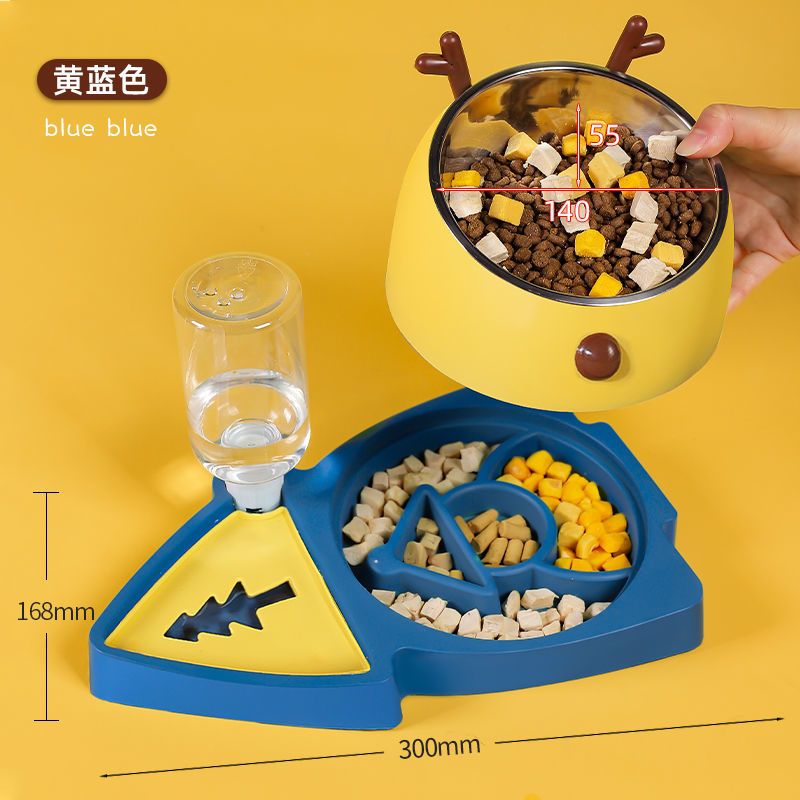 黄蓝色+不锈钢碗[三用慢食碗] 护颈椎防打翻(收藏优先发货) 猫碗狗狗碗防打翻猫咪饭盆宠物喝水碗狗粮盆食盆猫粮双碗狗碗用