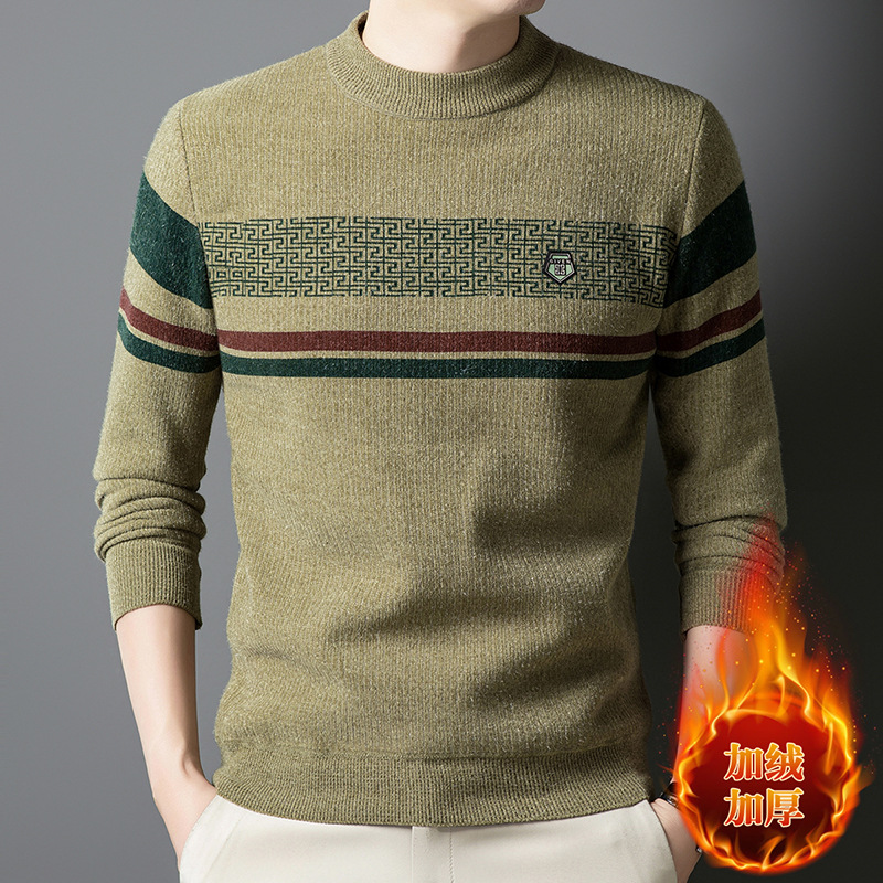 冬季男士加绒加厚针织毛衣半高领休闲保暖条纹中年男士打底针织衫_32高清大图