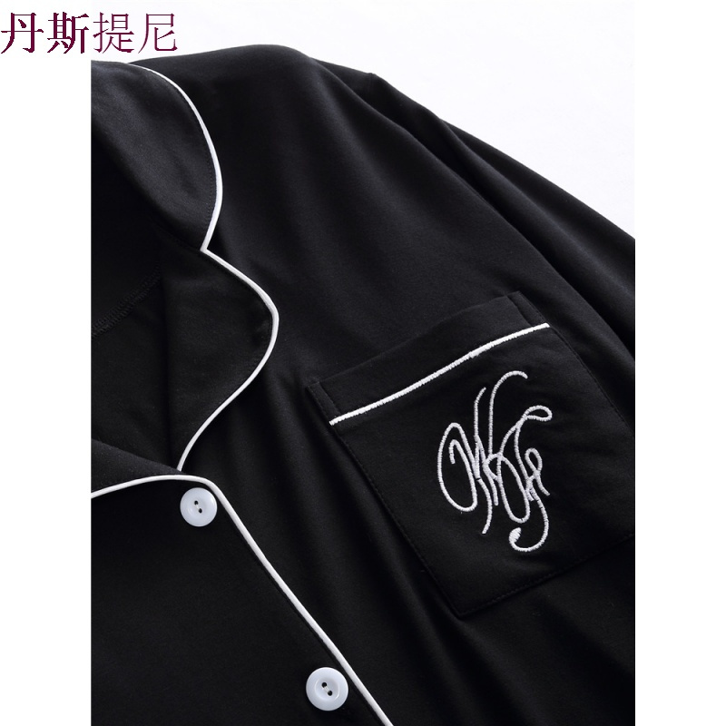 黑色莫代尔睡衣女长袖春秋季韩版可外穿薄款开衫纯棉女家居服套装