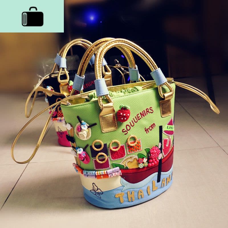 2020新款韩版女包手工刺绣撞色抽带潮流单肩包手提包斜挎包水桶包NEW LAKE女斜挎包图片