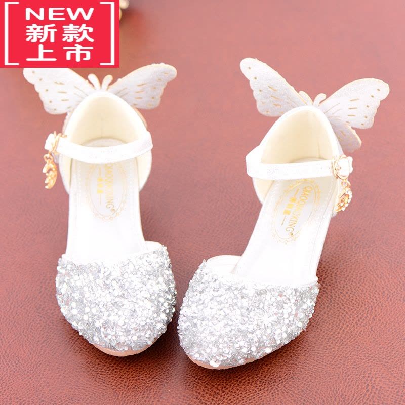 可莉允洋气儿童公主鞋水晶鞋女童高跟鞋软底小学生礼服舞蹈皮鞋银色带钻运动休闲鞋图片