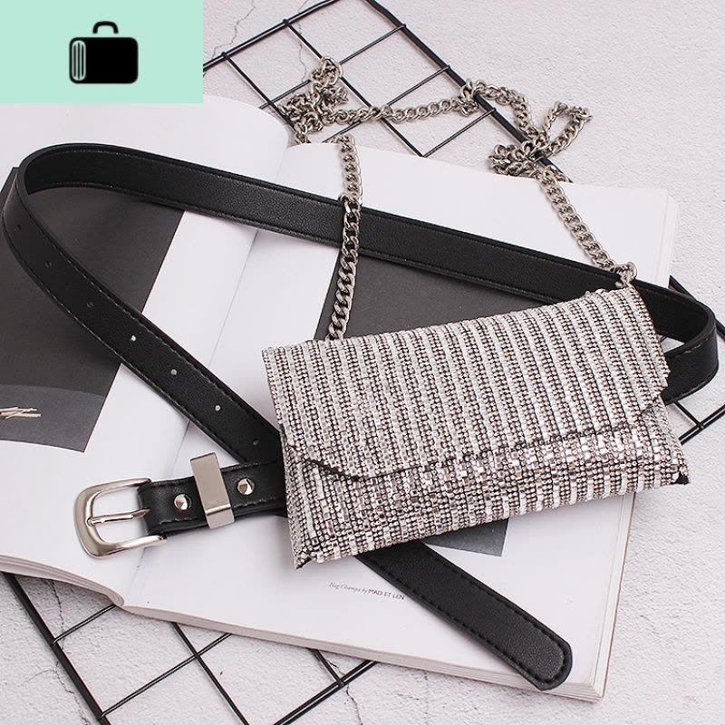 2019新款 网红ins超火个性水钻闪钻链条斜跨单肩女带装饰腰包NEW LAKE 黑色女斜挎包图片