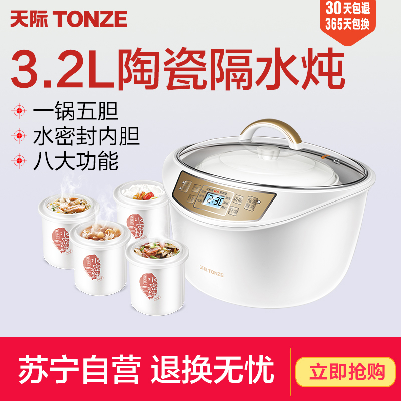 天际水密封隔水炖盅电炖锅陶瓷内胆煮粥煲汤锅一锅五胆养生电炖锅全自动预约定时3-4L/3.2升 DGD32-W132B