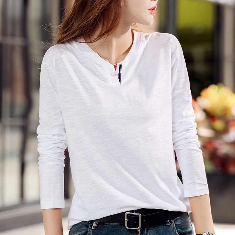 佐露丝长袖t恤女2021秋季新款女装宽松打底衫百搭纯色竹节棉韩版上衣
