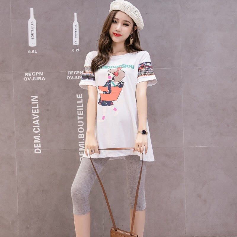 迪鲁奥(DILUAO)孕妇装 2021春夏新款纯棉休闲孕妇套装印花T恤七分托腹裤两件套时尚外出孕妇大码套装图片