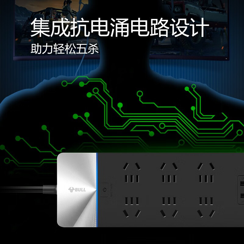 公牛(bull) 插座 H406U 3米(抗电涌) 三插*6 USB*2