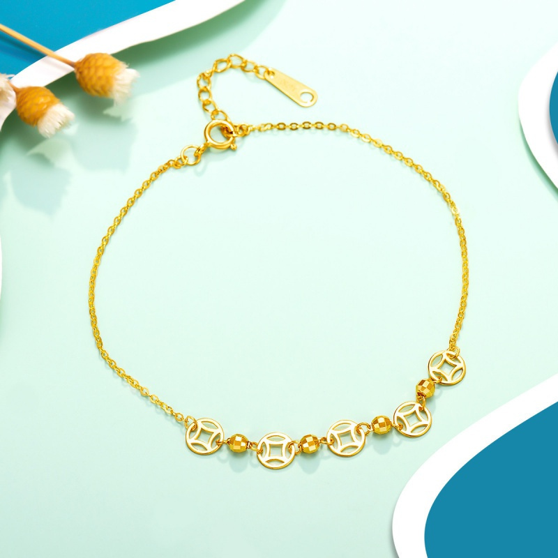 老庙黄金 18k玫瑰彩金钱币圆珠手链女