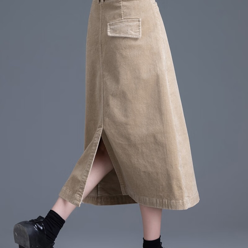 dafy品牌卡其色灯芯绒a字复古半身裙女春秋高腰显瘦开叉条绒裙子长裙