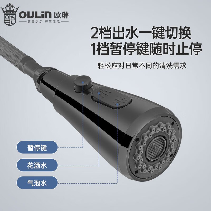 欧琳(OULIN)厨房水龙头抽拉冷热水可旋转龙头L008H双出水高清大图